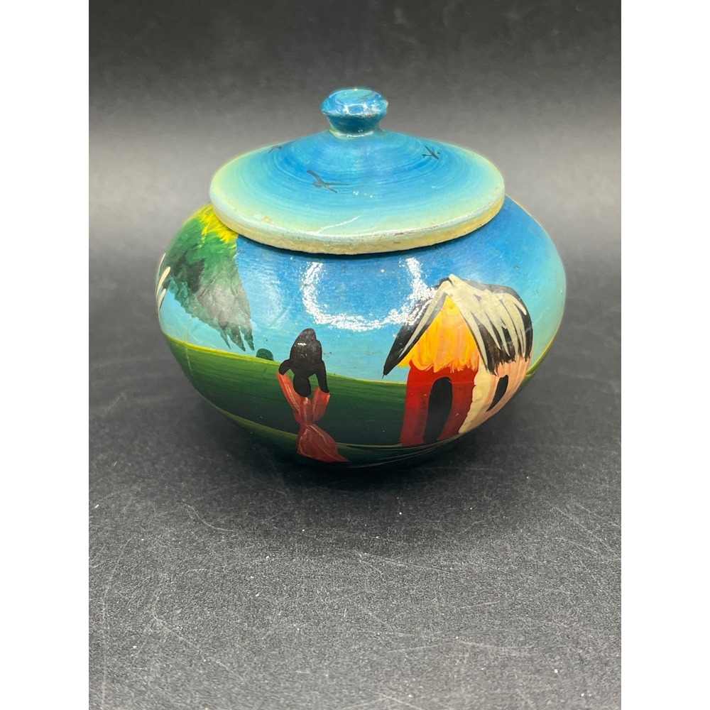 Hand Painted Trinket Box African Village Scene Lidded Jar Decor Small - As Is